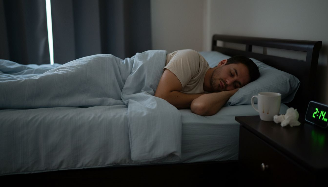 Man in deep sleep beside used tissues