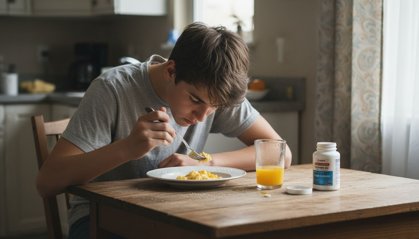 Teen eating eggs with vitamin D supplements