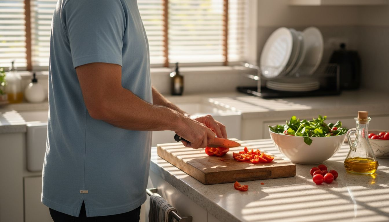 Man preparing colorful salad for lunch