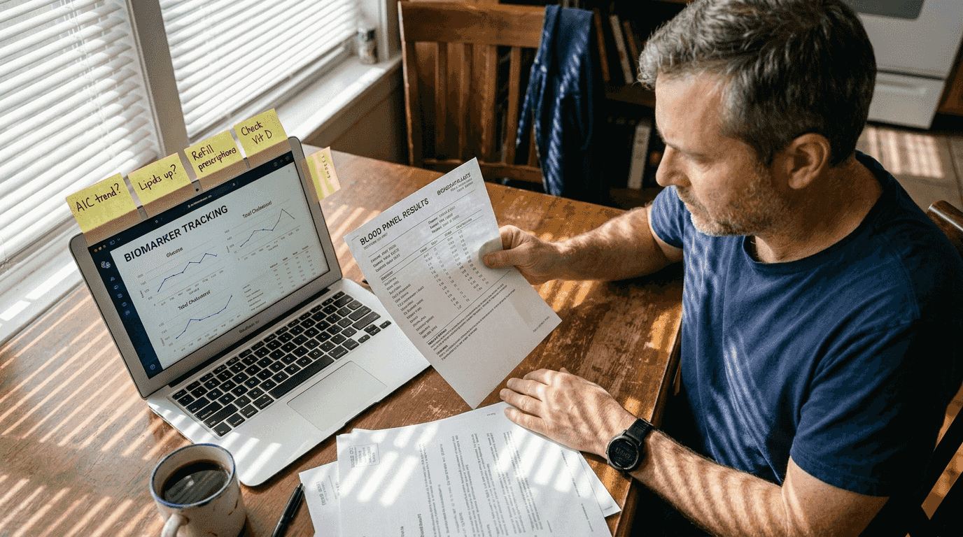Man reviewing blood panel for supplement plan