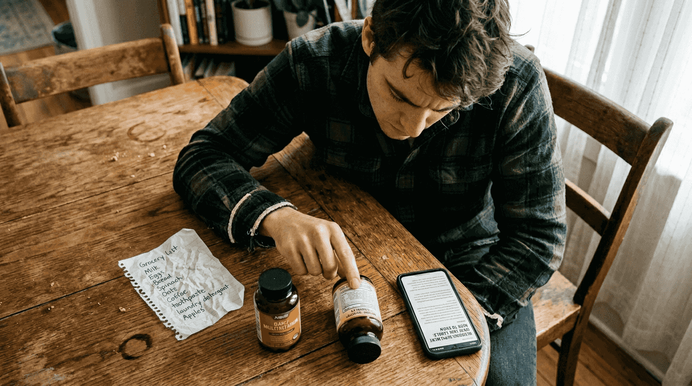 Man comparing supplement ingredient lists