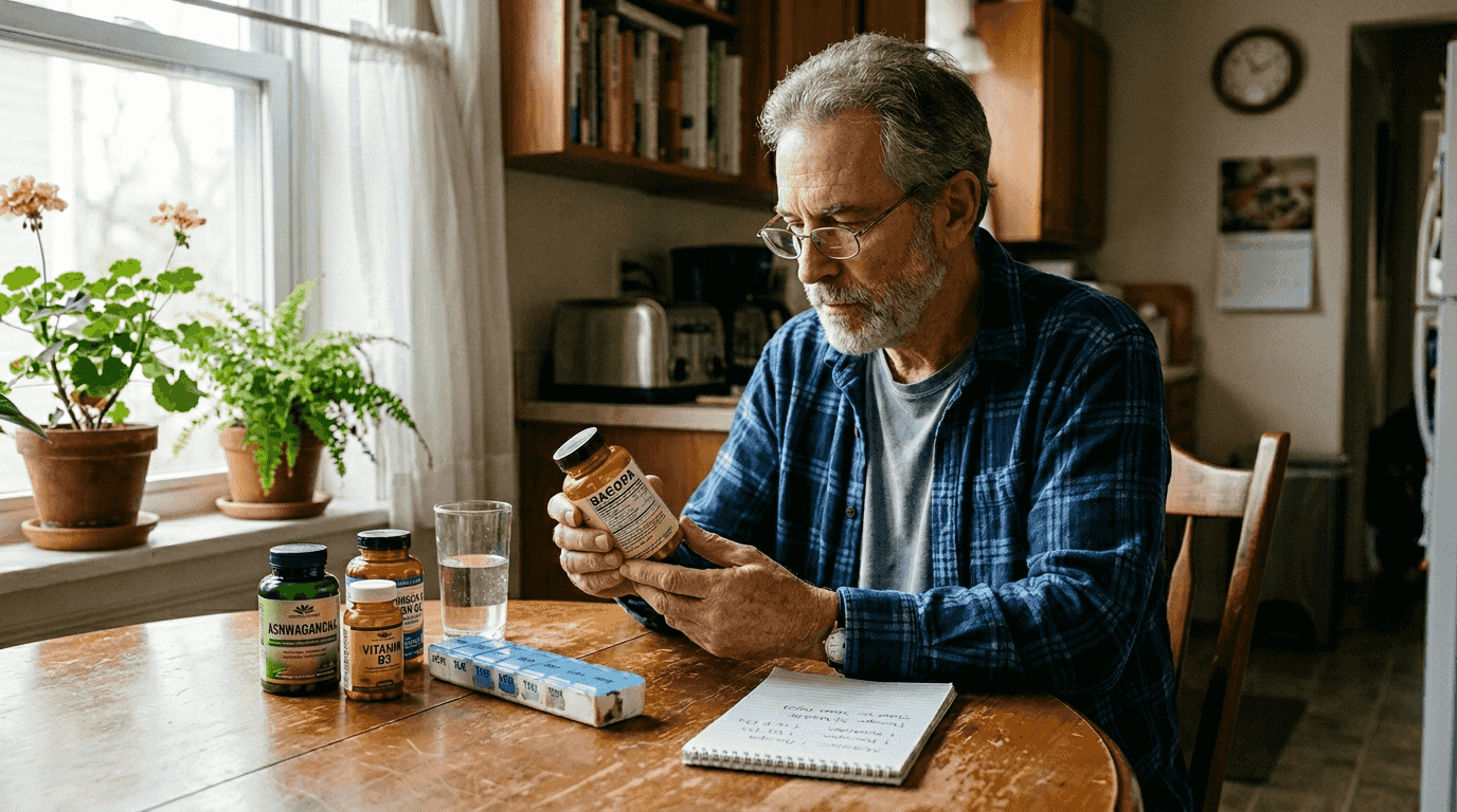 Man sorts supplement bottles at kitchen table