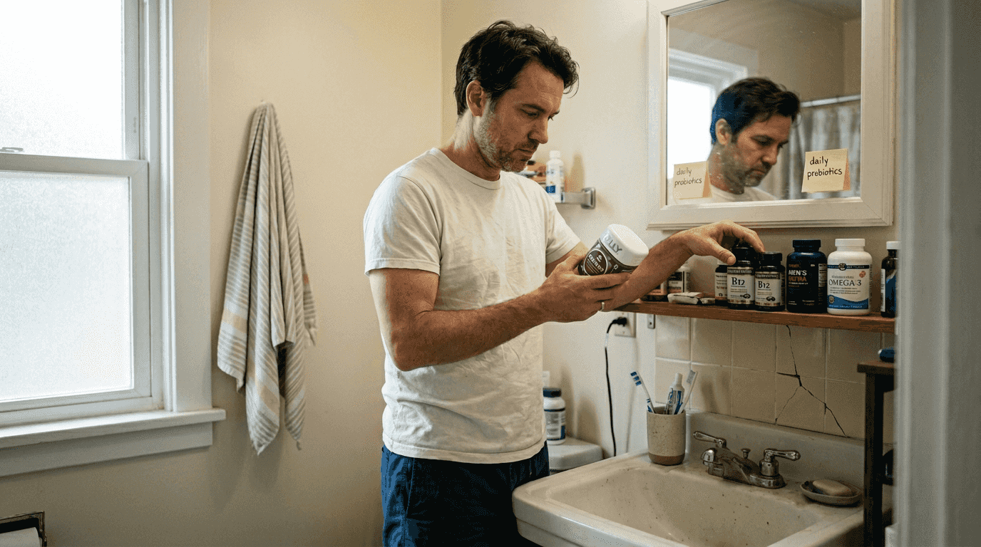 Man sorting probiotic supplements for gut health