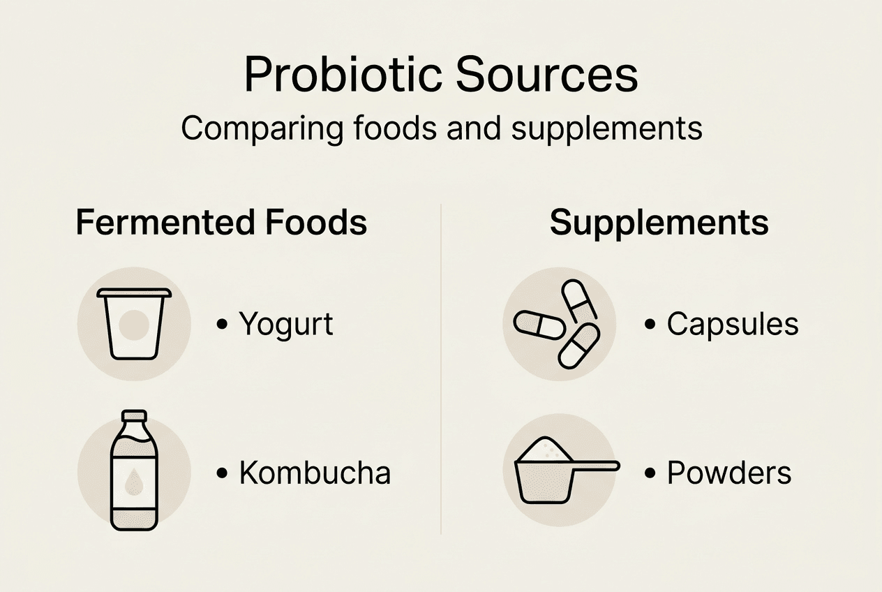 Infographic comparing probiotic foods and supplements