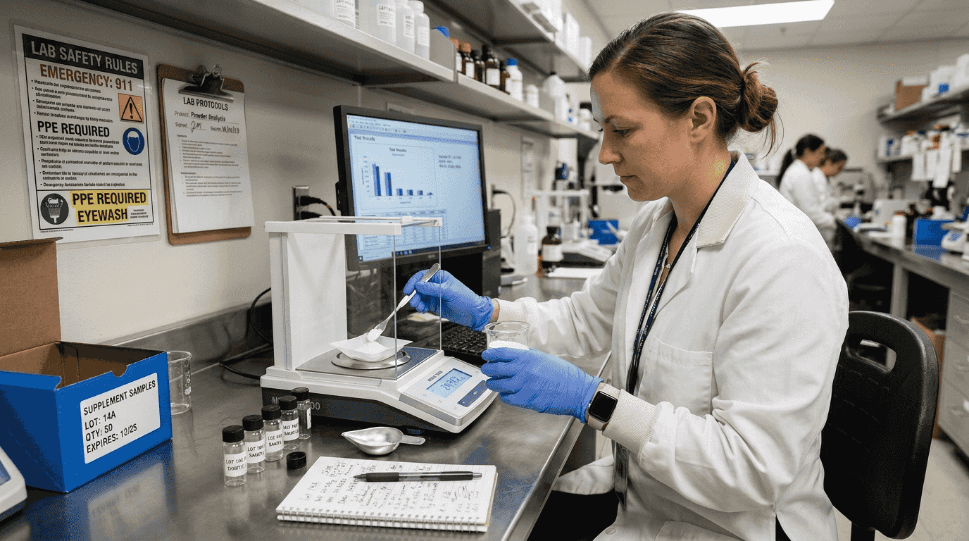 Technician weighing supplement powder for lab test