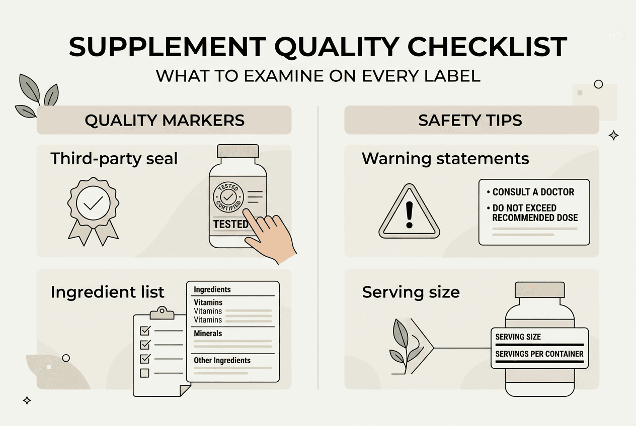 Infographic illustrating key supplement label checks
