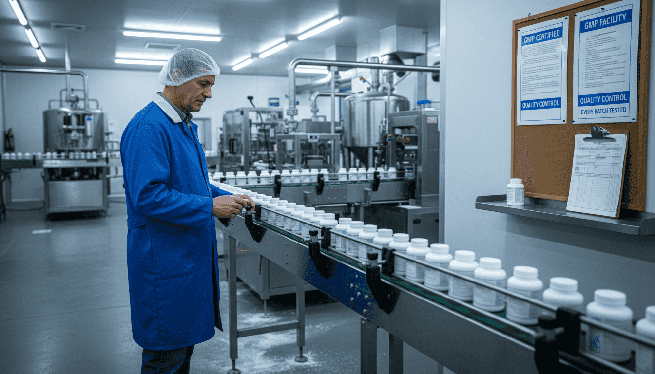 Worker inspects bottle line in GMP facility