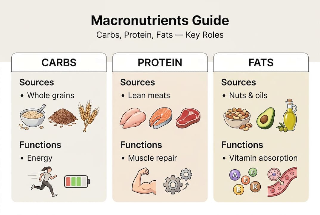 Infographic summarizes basic macronutrient roles and sources