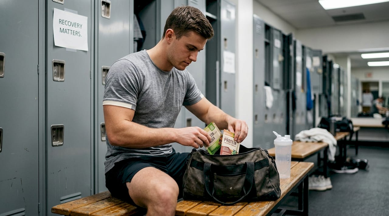 Athlete preparing supplement stack in locker room