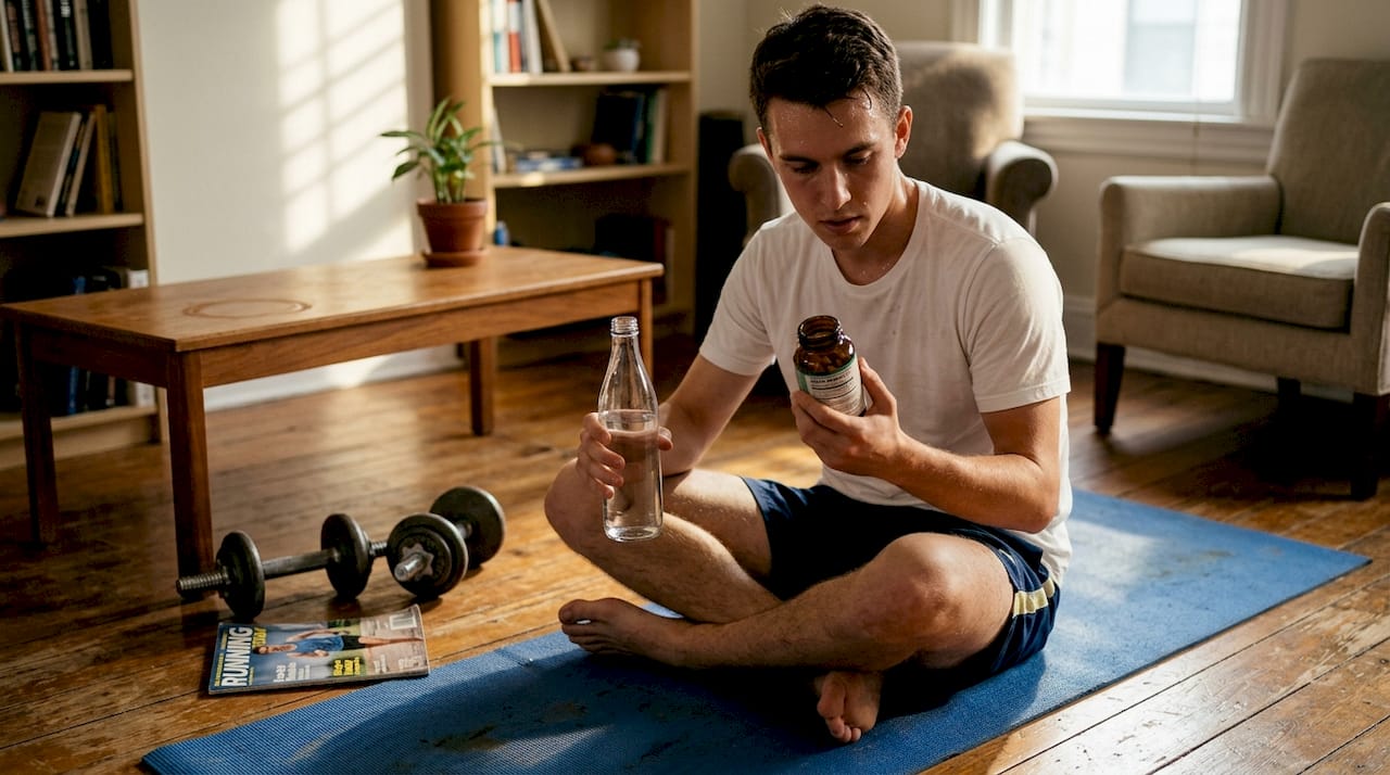 Athlete reading probiotic label after workout