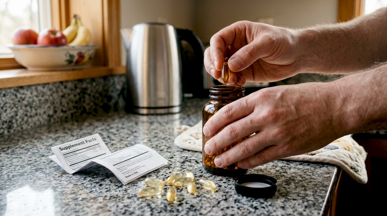 Hands holding liquid-filled supplement capsule