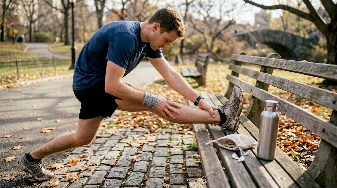 Runner with herbs stretching on park bench