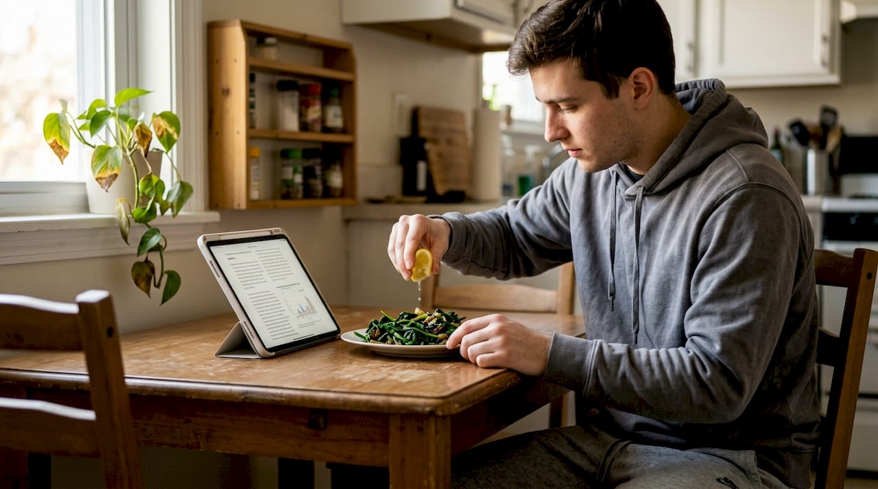 Man adding lemon juice to spinach