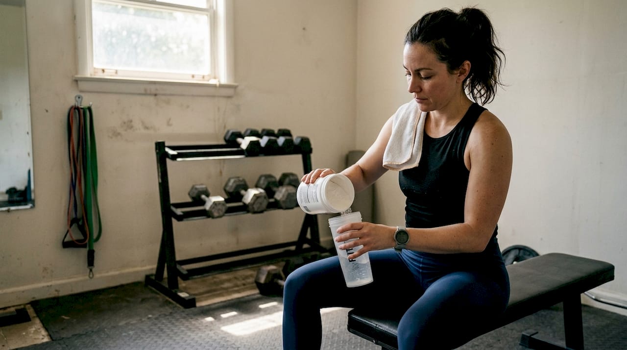 Woman preparing creatine in home gym