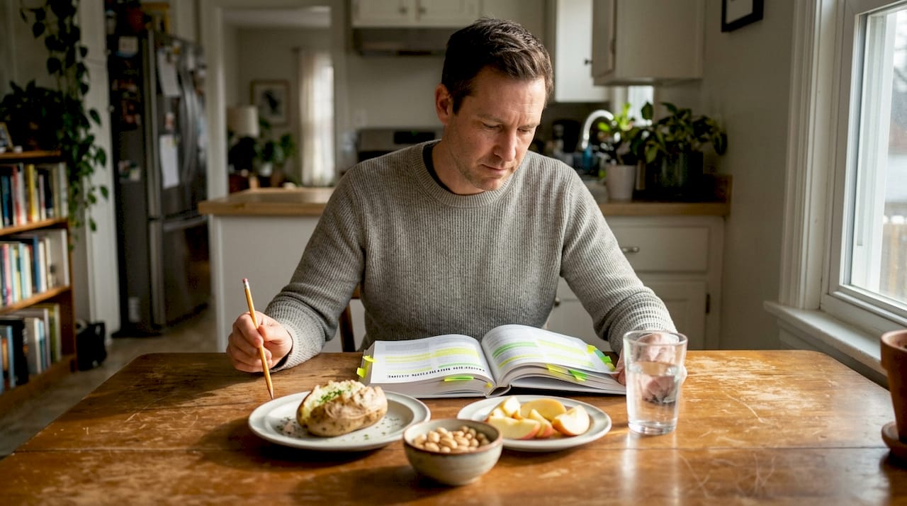 Man compares foods by glycemic index at table