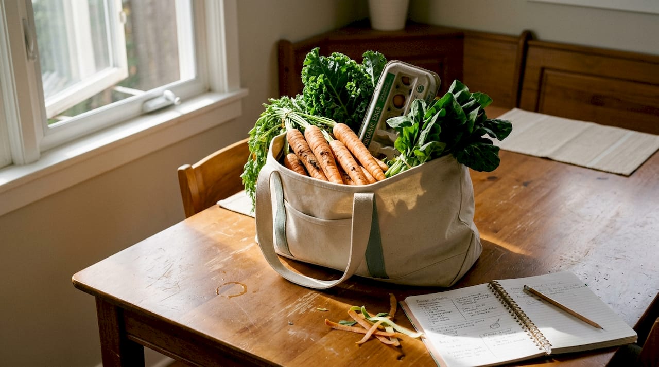 Fresh produce and groceries on dining table