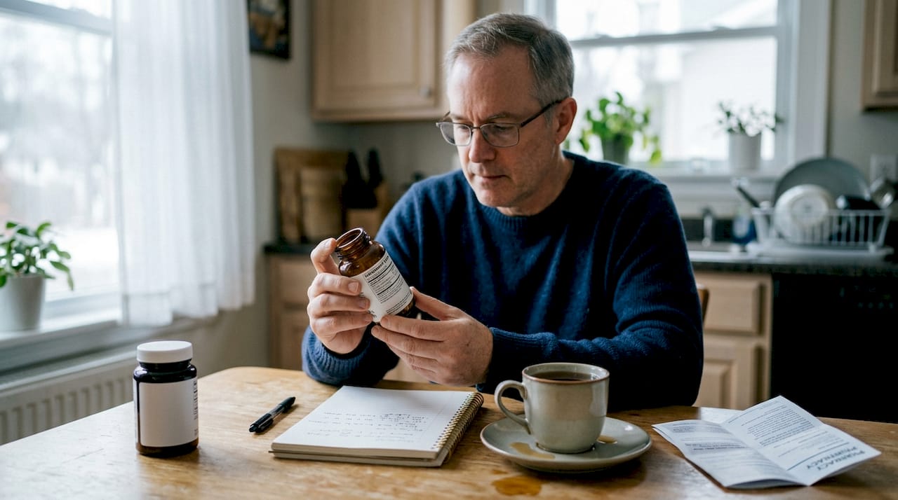 Man reading label on adaptogen supplement bottle