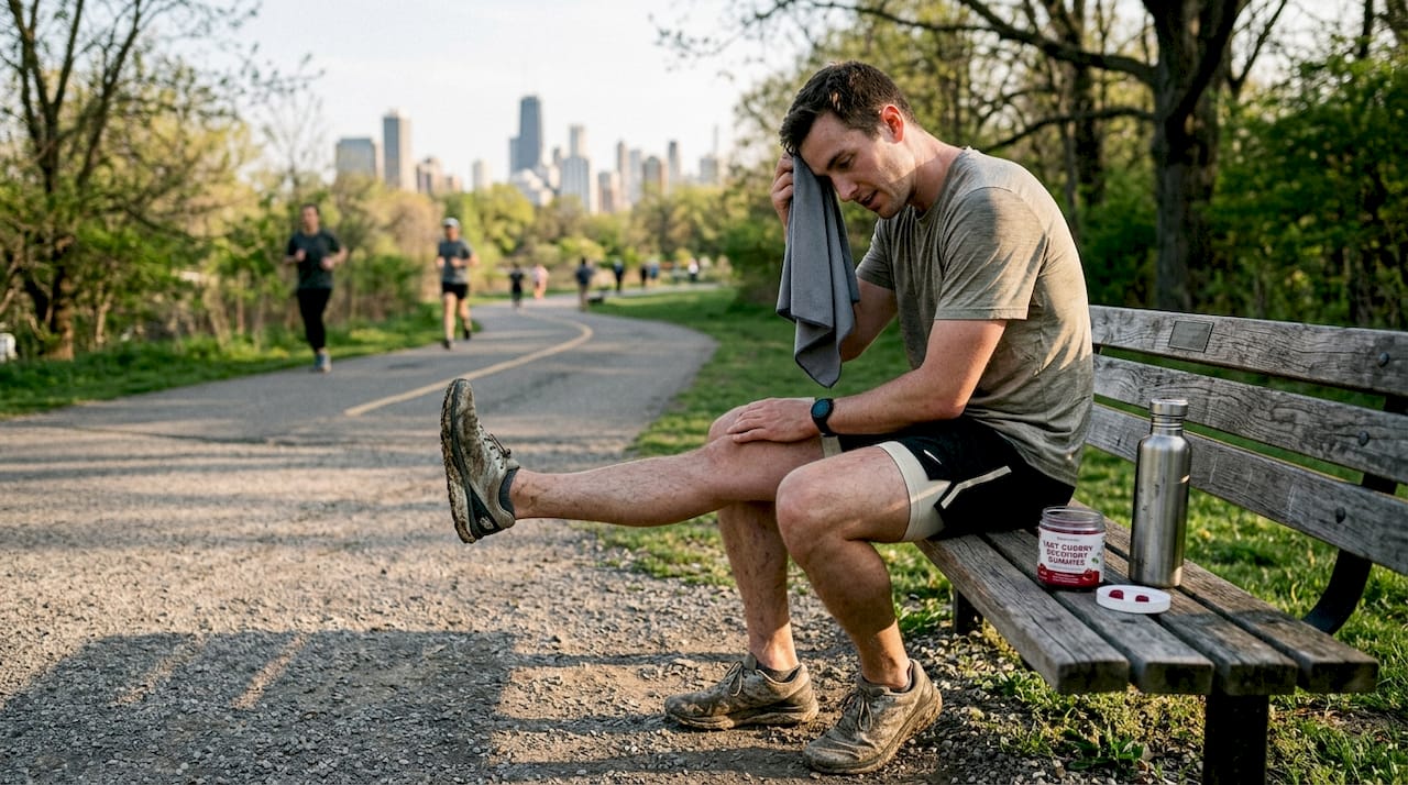 Athlete stretching post-workout with tart cherry supplement