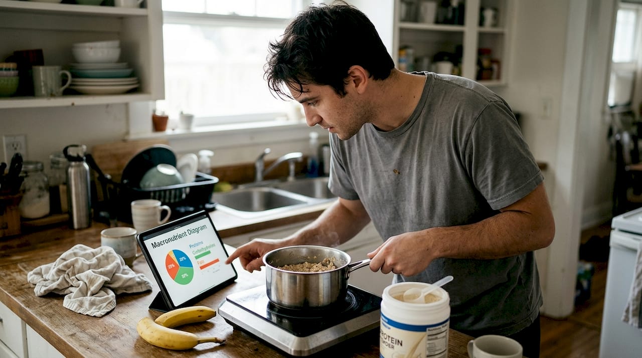 Man checking nutrition science while cooking