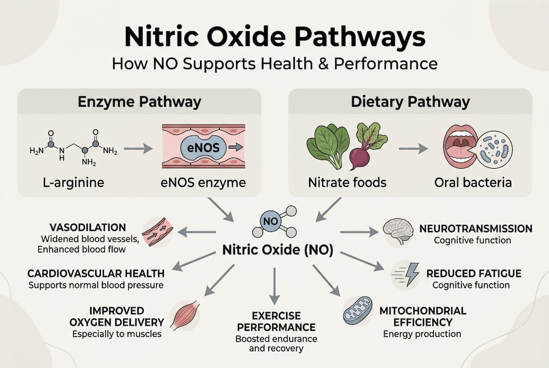 Infographic on nitric oxide pathways and benefits
