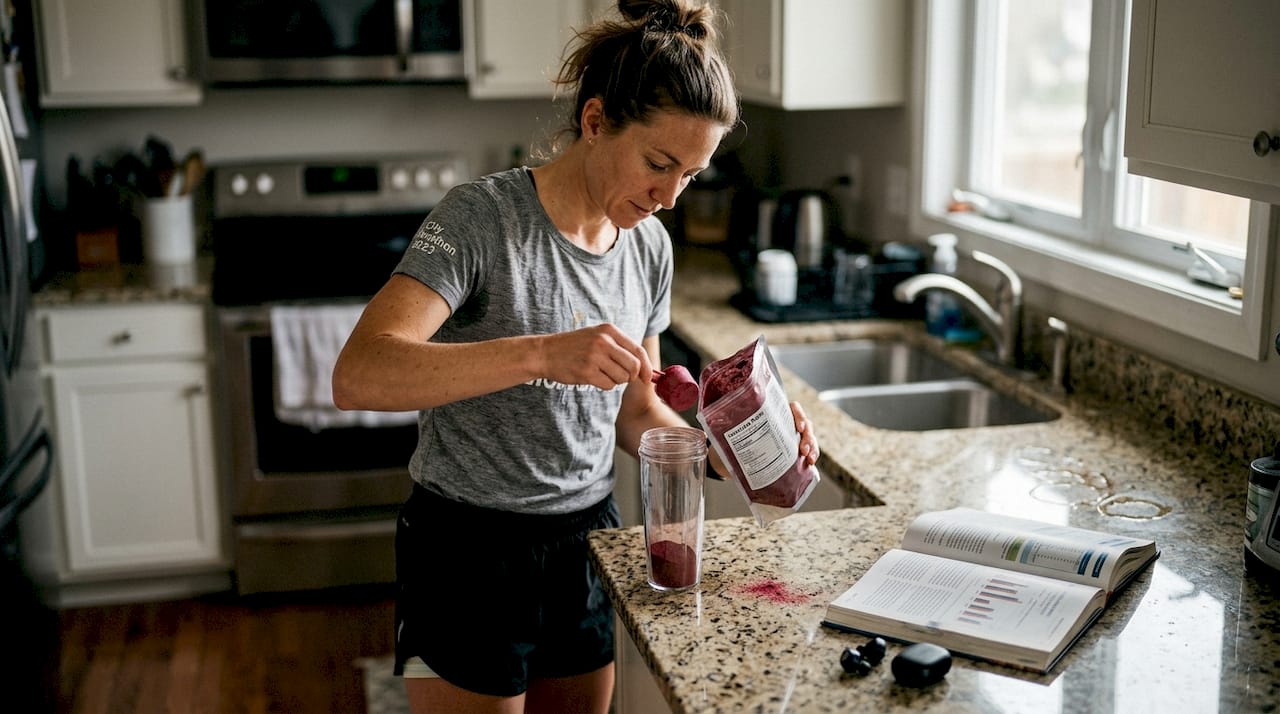 Runner preparing beetroot supplement in kitchen