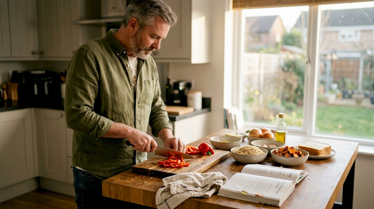 Man preparing mixed carb foods in kitchen