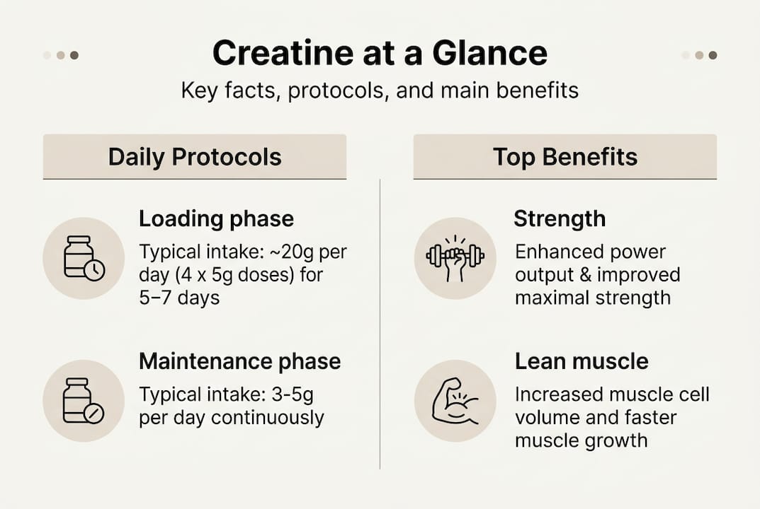 Infographic summarizing creatine facts and protocols