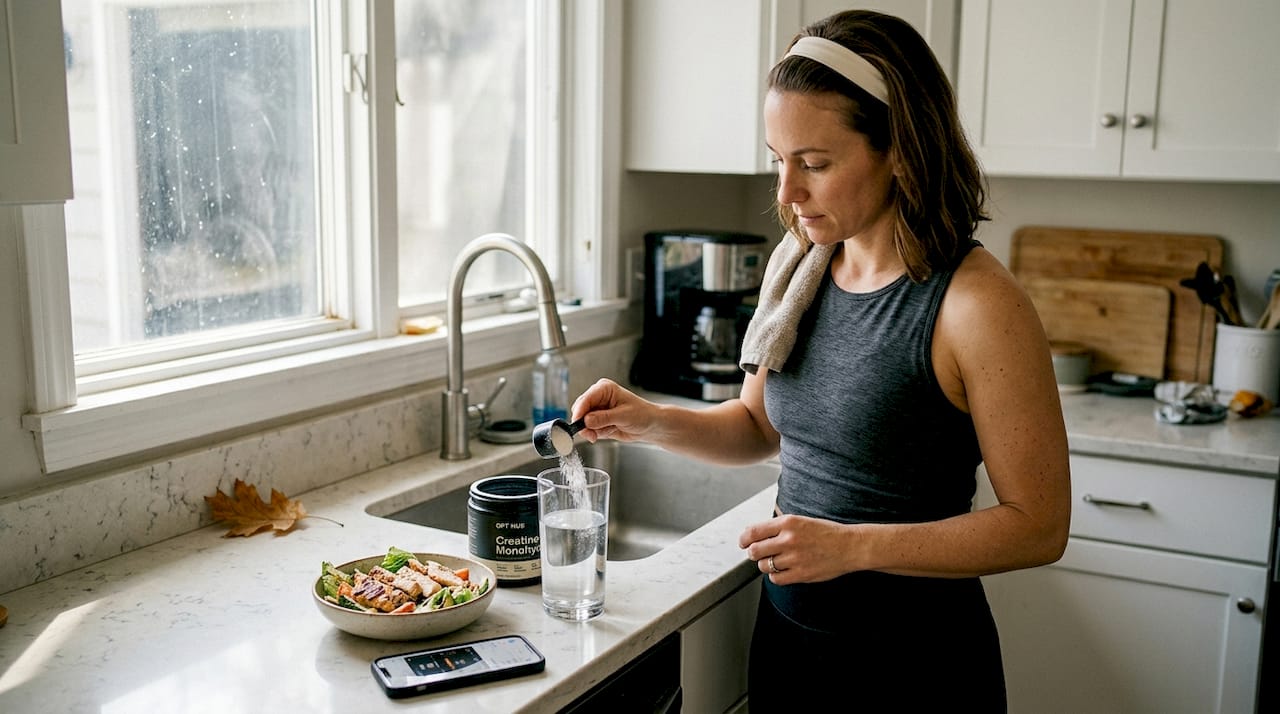 Woman mixing creatine in kitchen after workout