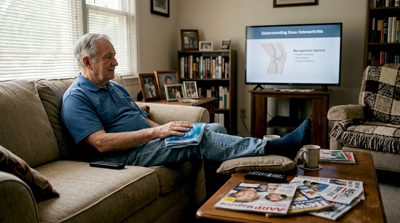 Man using knee ice pack in living room