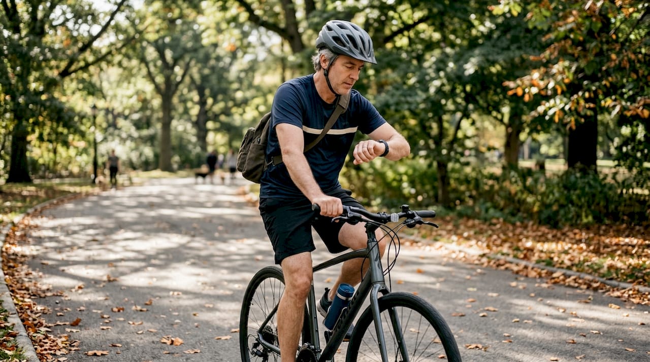 Man cycling in city park checking smartwatch