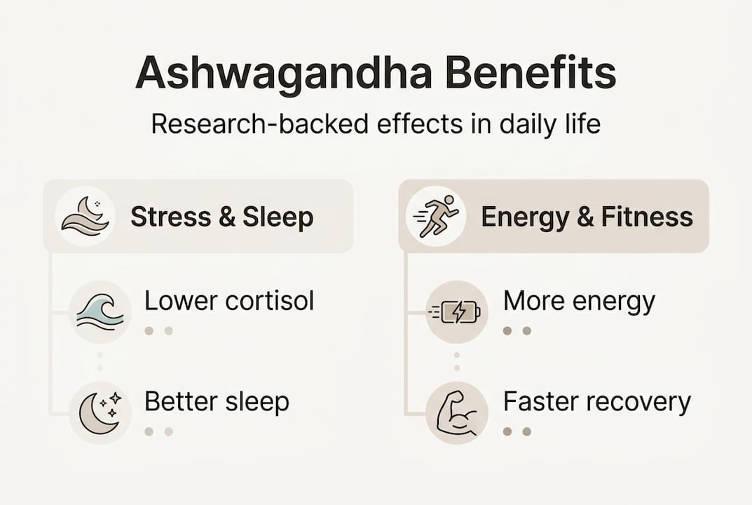 Infographic showing ashwagandha’s key researched benefits