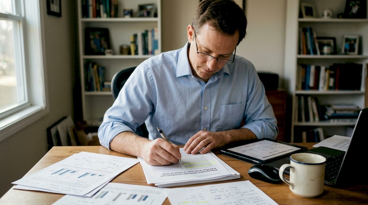 Scientist reviewing ashwagandha research at home desk