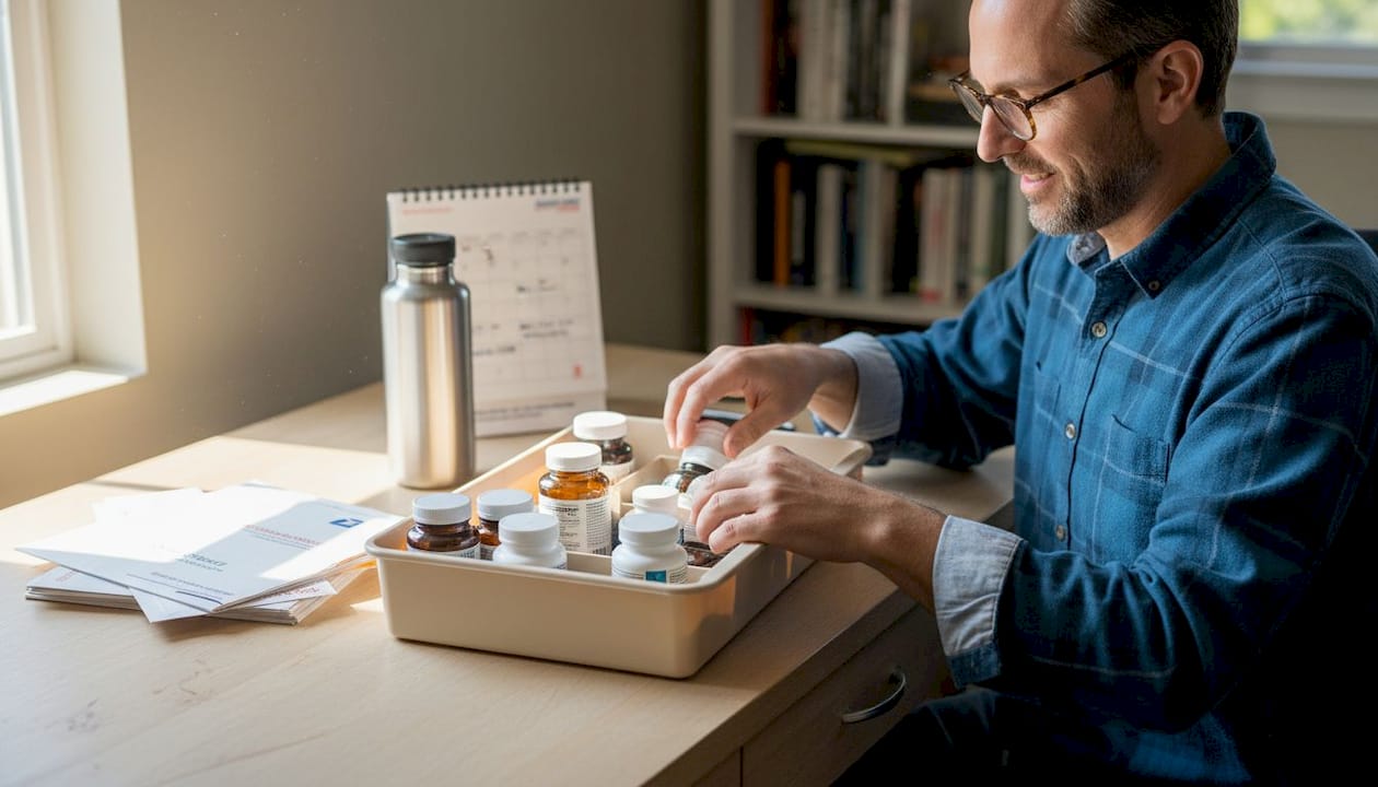 Man organizing supplement bottles at desk
