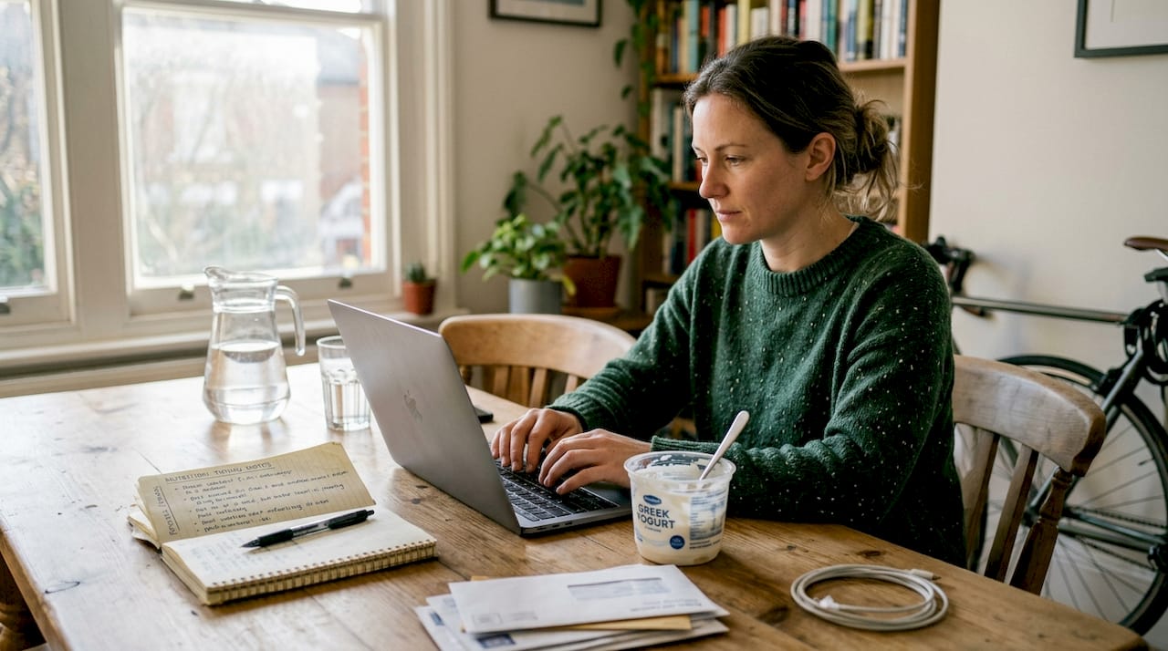 Woman tracking protein intake in home office