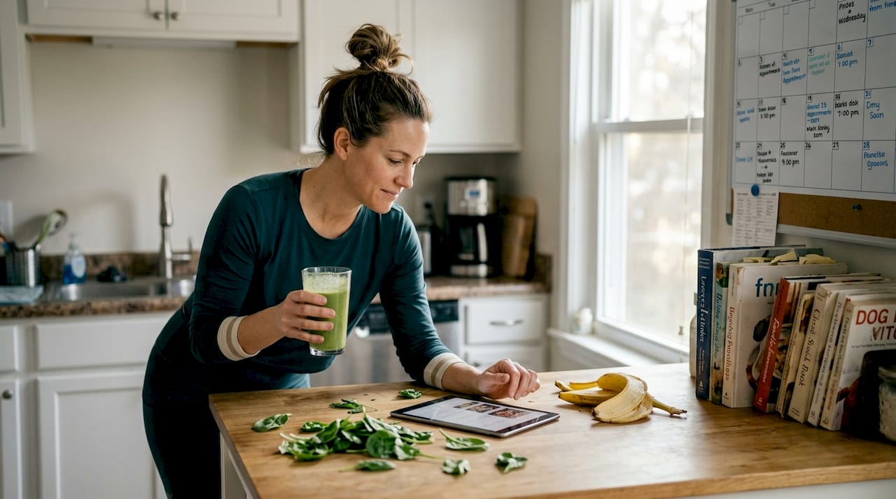 Woman multitasking with smoothie in home kitchen