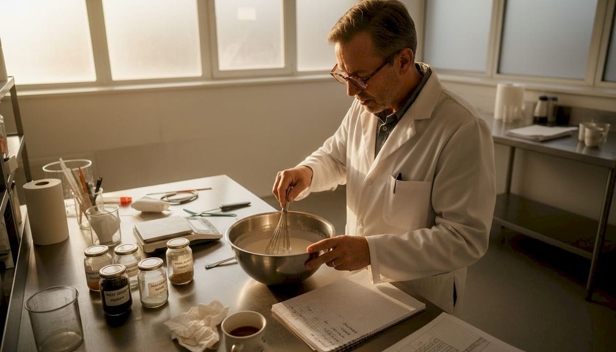Scientist reformulates recipe at worktable
