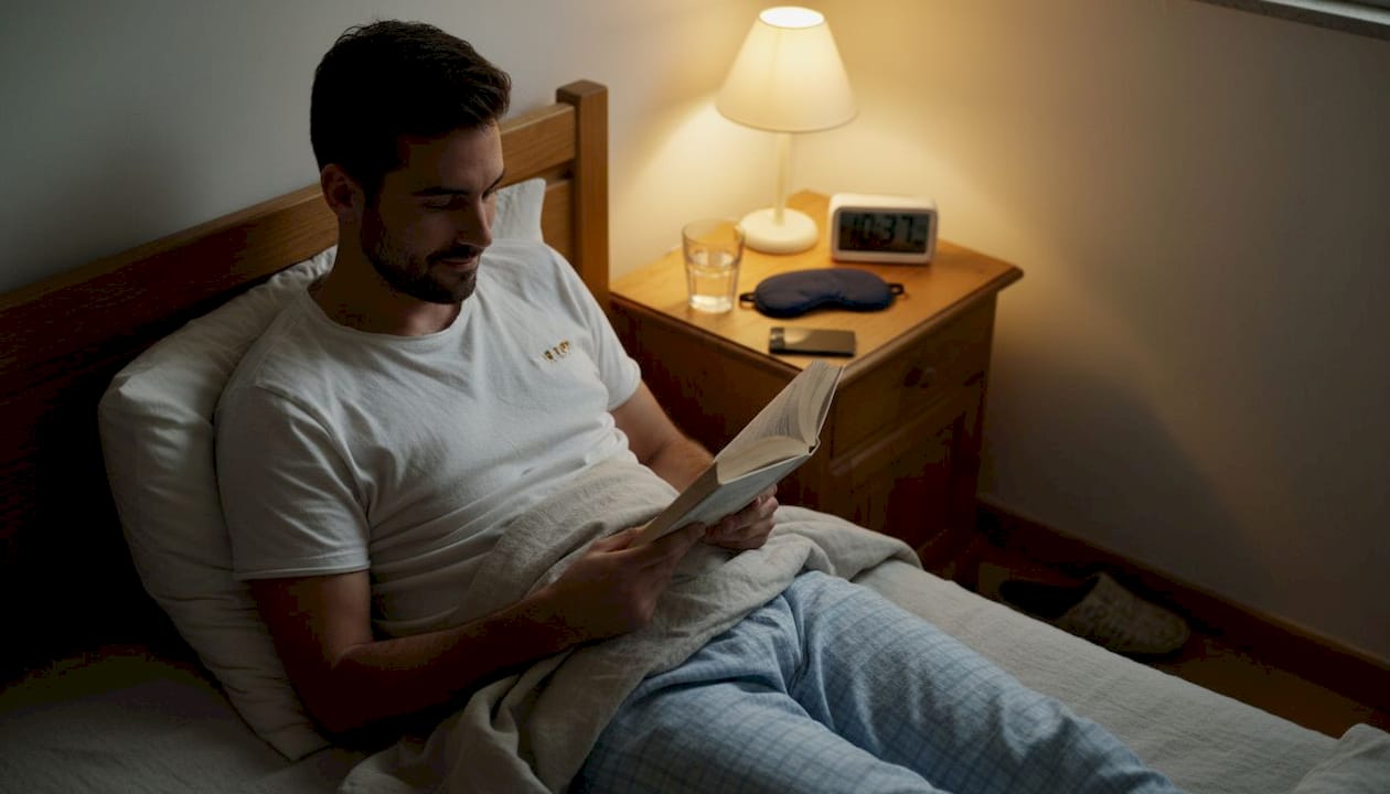 Man reading in bed, warm bedside lamp
