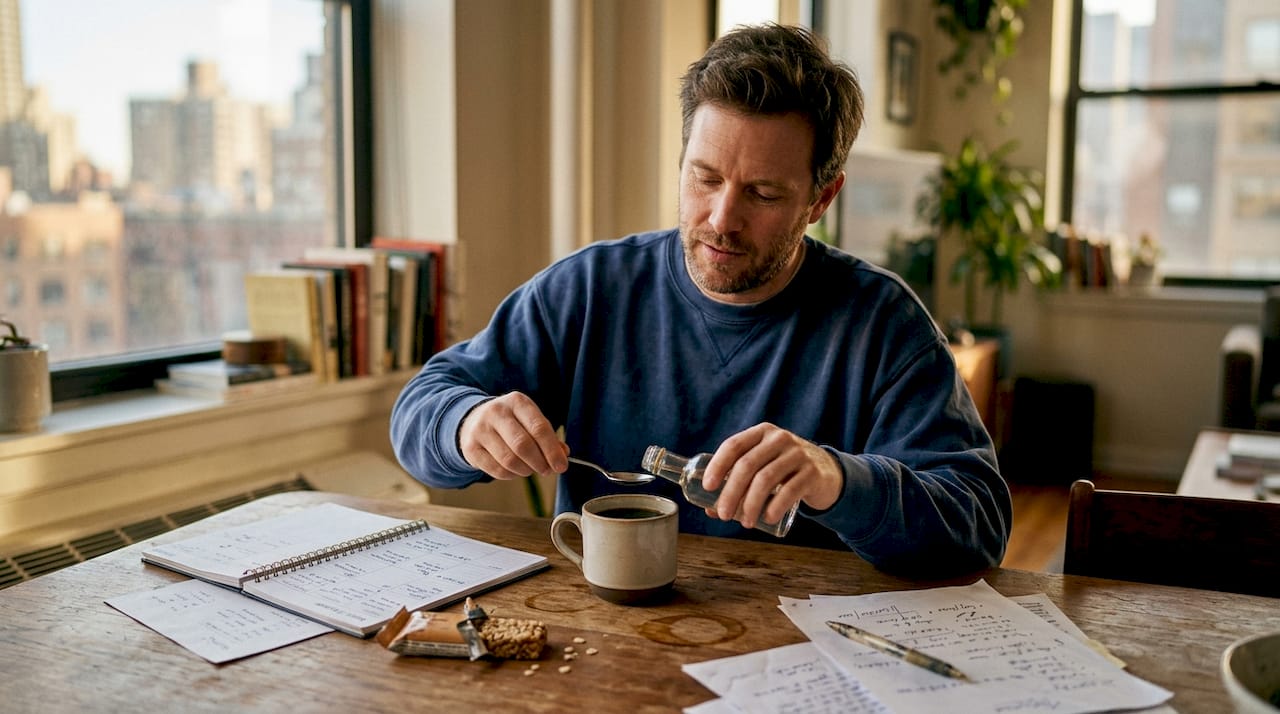 Man adds MCT oil to coffee at dining table