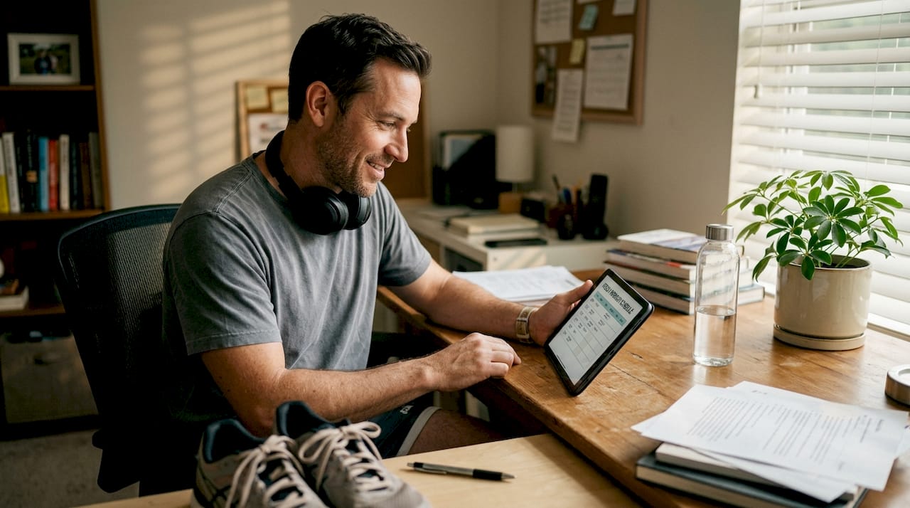 Man reviews workout planner in cozy living room