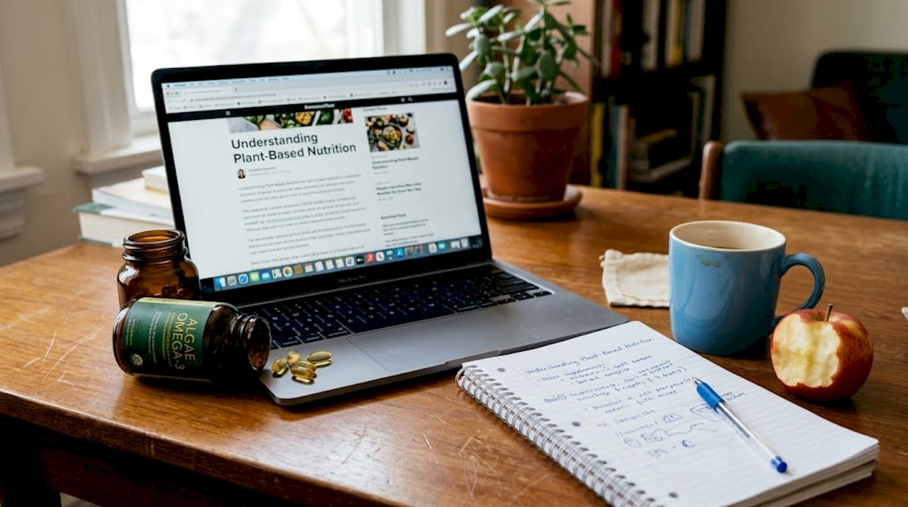Algae omega-3 capsules and nutrition article on desk