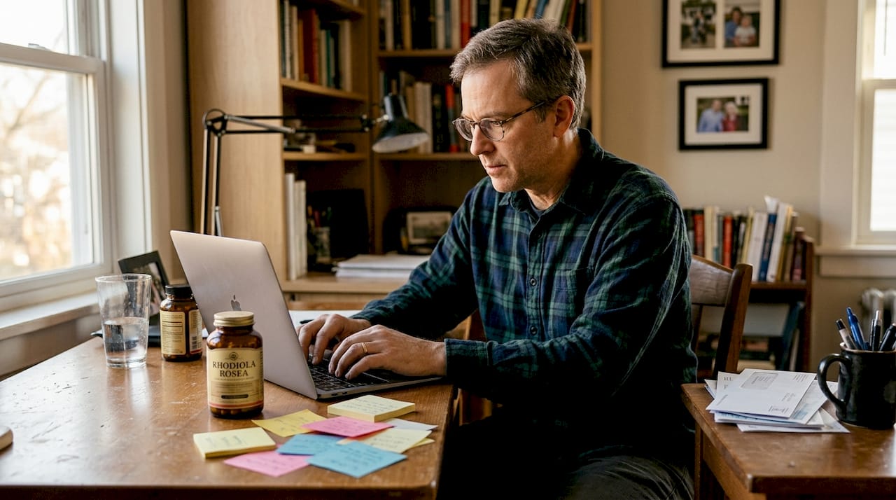 Man typing beside rhodiola supplement in home office