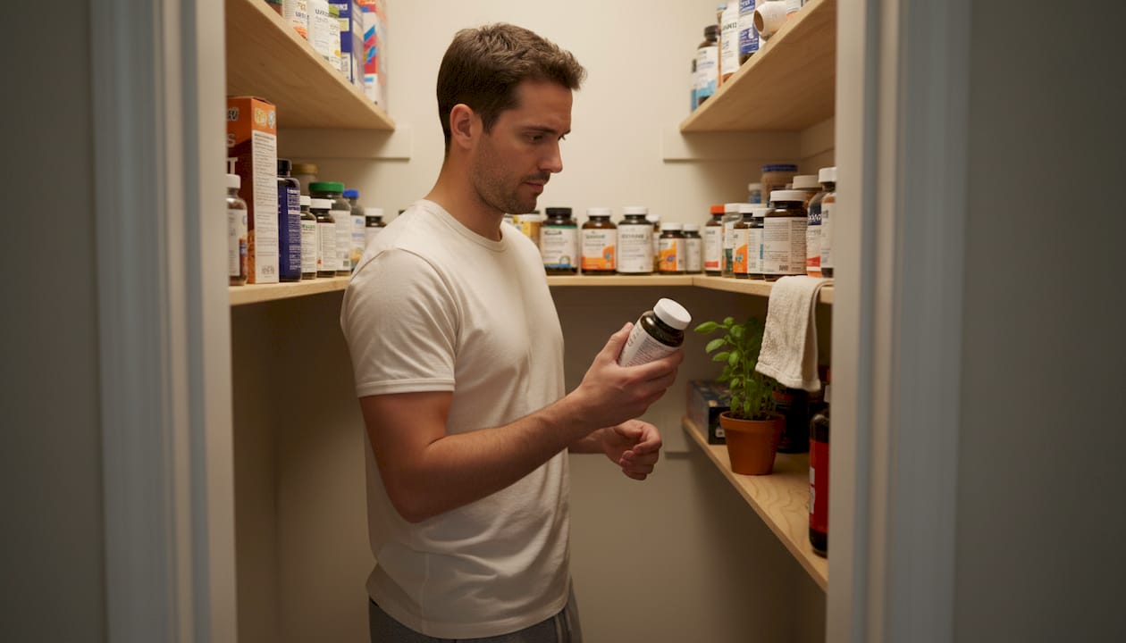 Man examining supplement bottles in pantry