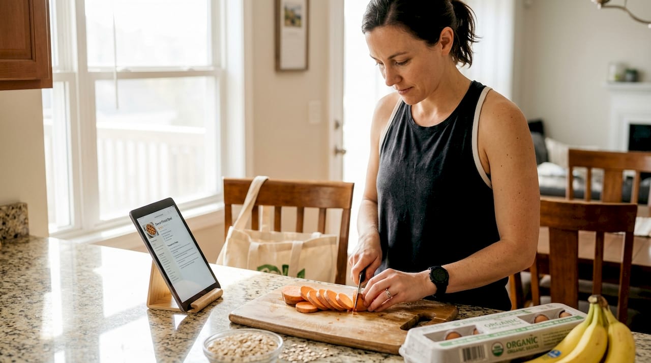 Woman preparing healthy meal in home kitchen