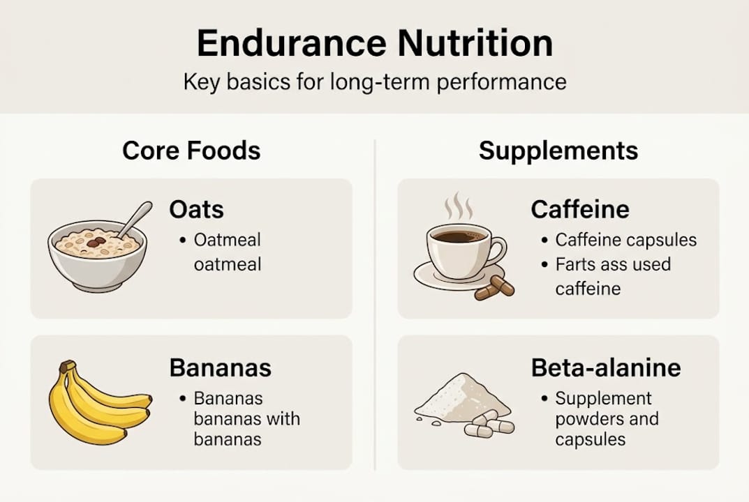 Infographic of endurance nutrition core foods and supplements