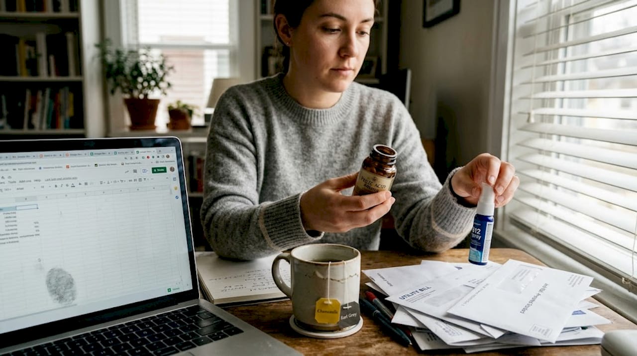 Woman comparing B vitamins at home desk