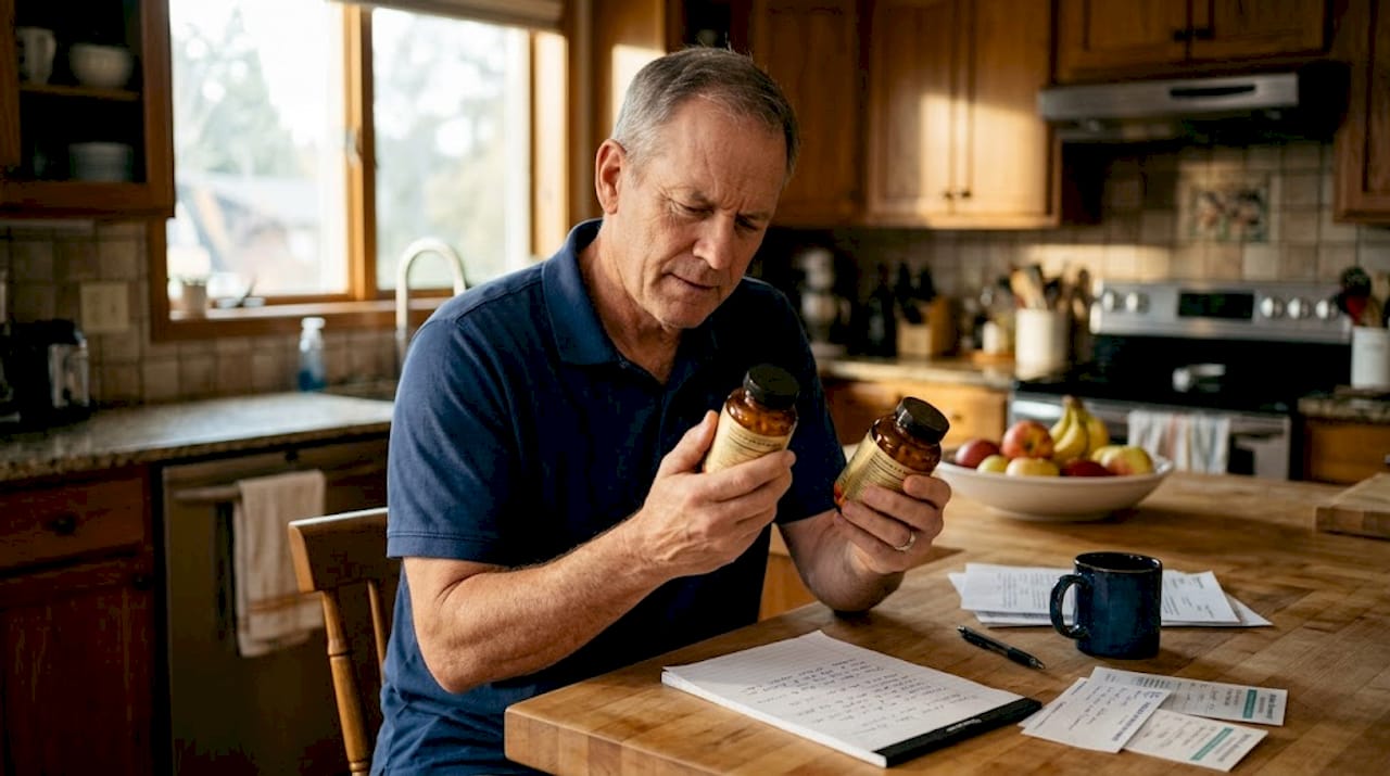 Man checking supplement label in kitchen