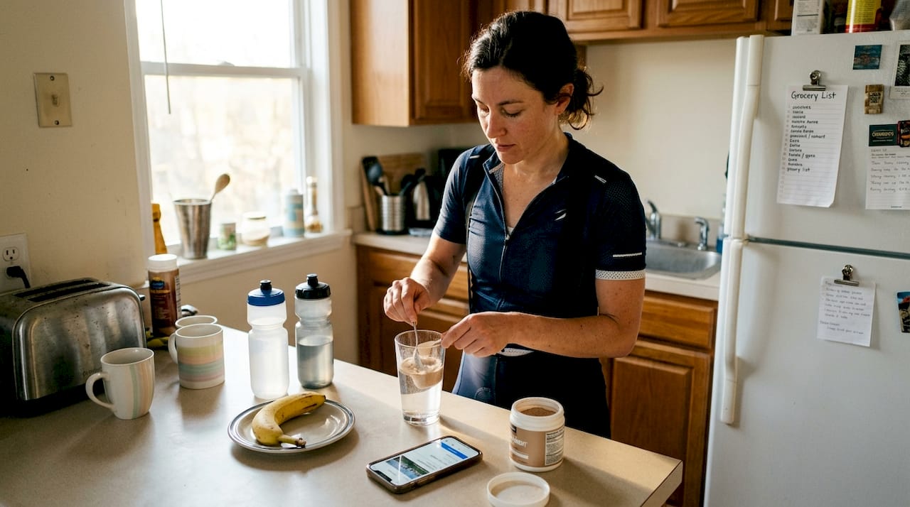 Cyclist mixes caffeine supplement in home kitchen