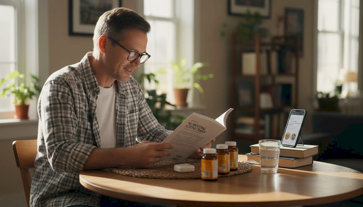 Nutritionist reading with curcumin supplements nearby