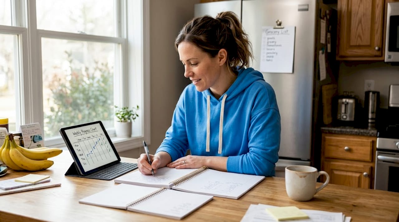 Woman tracking fitness in kitchen workspace