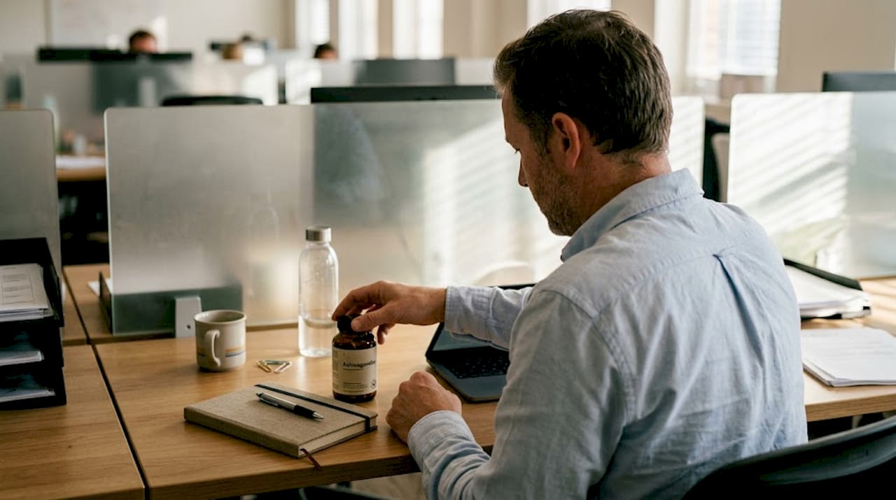 Man holding ashwagandha bottle at office desk